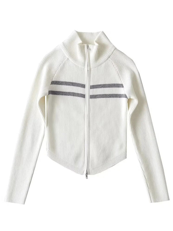 Nouveau cardigan rayé à manches longues cintrées et fermeture éclair double curseur pour femme 