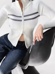 Nouveau cardigan rayé à manches longues cintrées et fermeture éclair double curseur pour femme 
