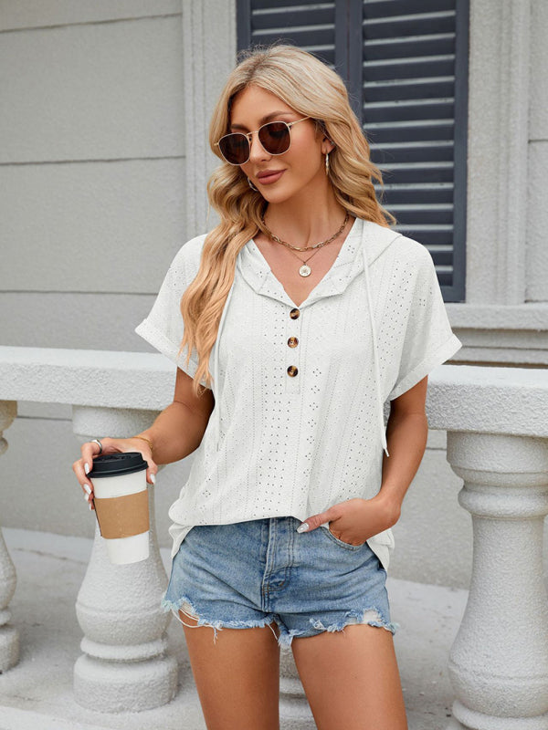Women's buttoned hooded drawstring short-sleeved T-shirt top