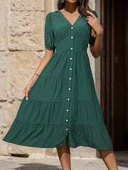 Neues tailliertes Kurzarmkleid mit V-Ausschnitt für Damen 