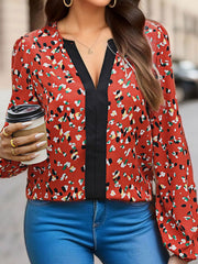 Women's new color block printed long-sleeved V-neck shirt