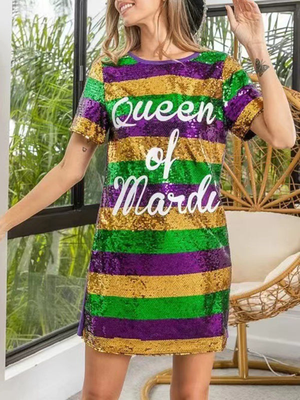 Neues, mittellanges, gestreiftes Pailletten-T-Shirt-Kleid mit Schriftzug für Damen 