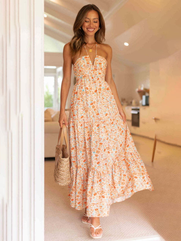 Langes, böhmisches Damenkleid mit Trägern und V-Ausschnitt 