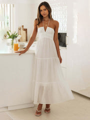 Langes, böhmisches Damenkleid mit Trägern und V-Ausschnitt 