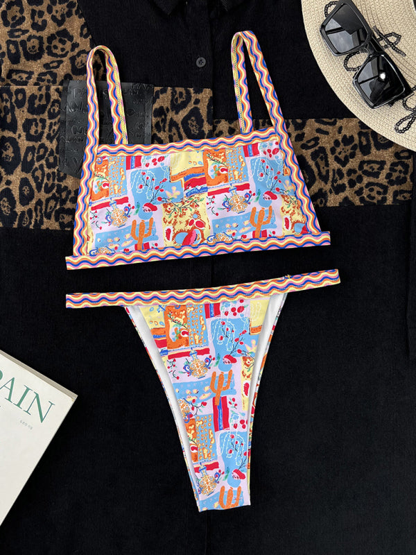 Damen-Einteiler-Badeanzug im Bandeau-Stil mit farbenfrohem Ethno-Print, sexy Bikini 