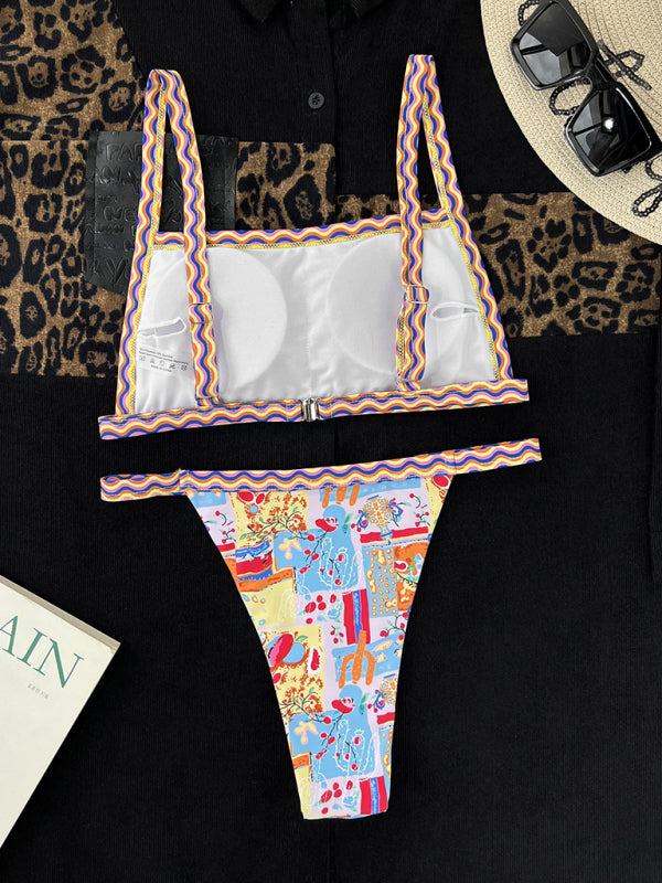 Damen-Einteiler-Badeanzug im Bandeau-Stil mit farbenfrohem Ethno-Print, sexy Bikini 