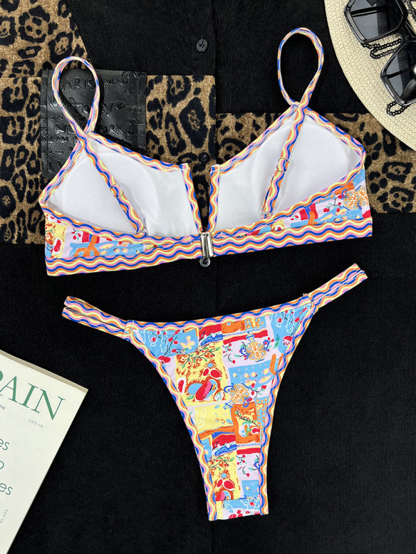Neuer Damen-Badeanzug mit Schlitz, kleinem V-Ausschnitt, farbenfrohem Rand, ethnischem Muster, sexy Bikini 