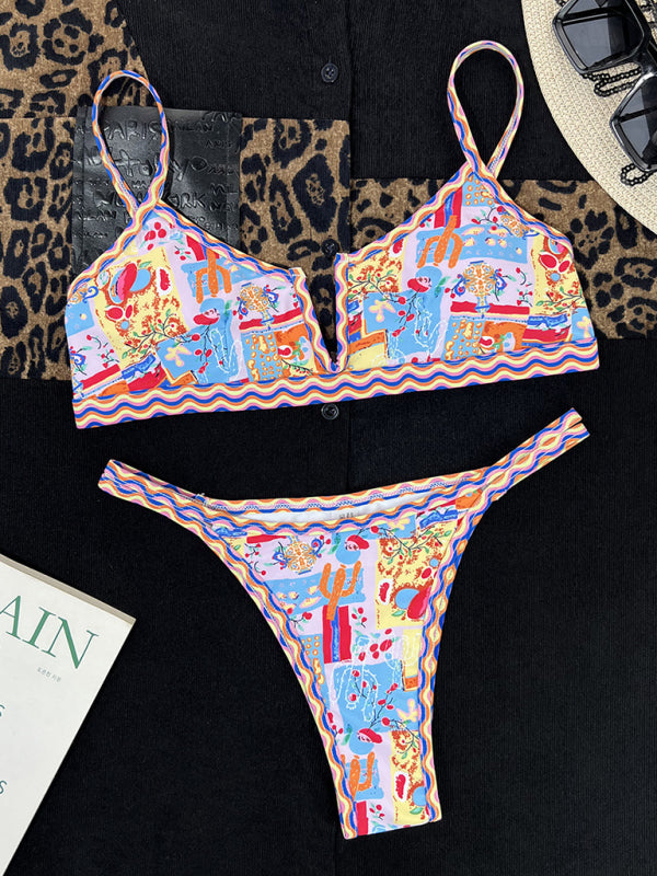 Neuer Damen-Badeanzug mit Schlitz, kleinem V-Ausschnitt, farbenfrohem Rand, ethnischem Muster, sexy Bikini 