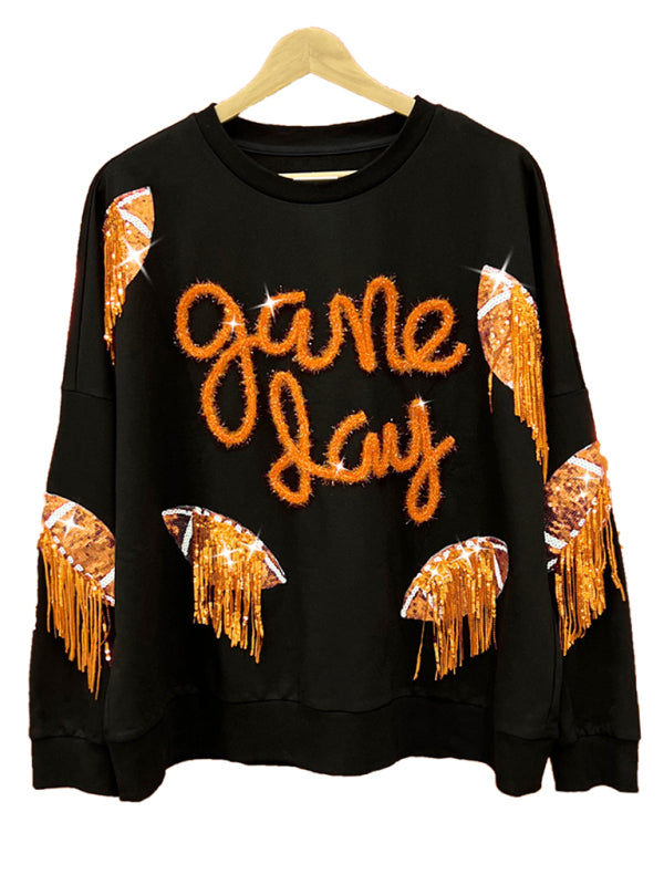 Rugby-Sweatshirt für Damen mit Quasten und Pailletten, Rundhalsausschnitt 