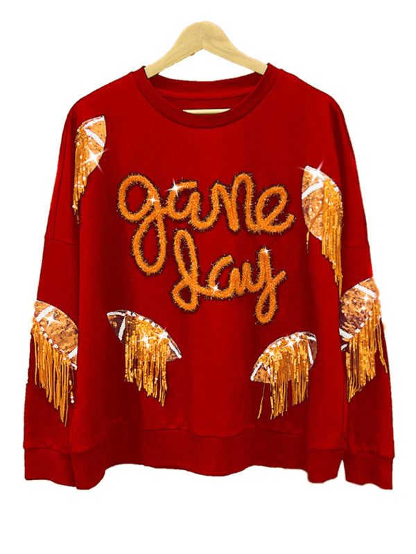 Rugby-Sweatshirt für Damen mit Quasten und Pailletten, Rundhalsausschnitt 