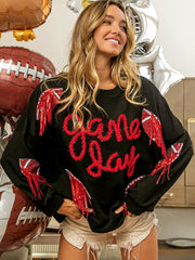 Rugby-Sweatshirt für Damen mit Quasten und Pailletten, Rundhalsausschnitt 