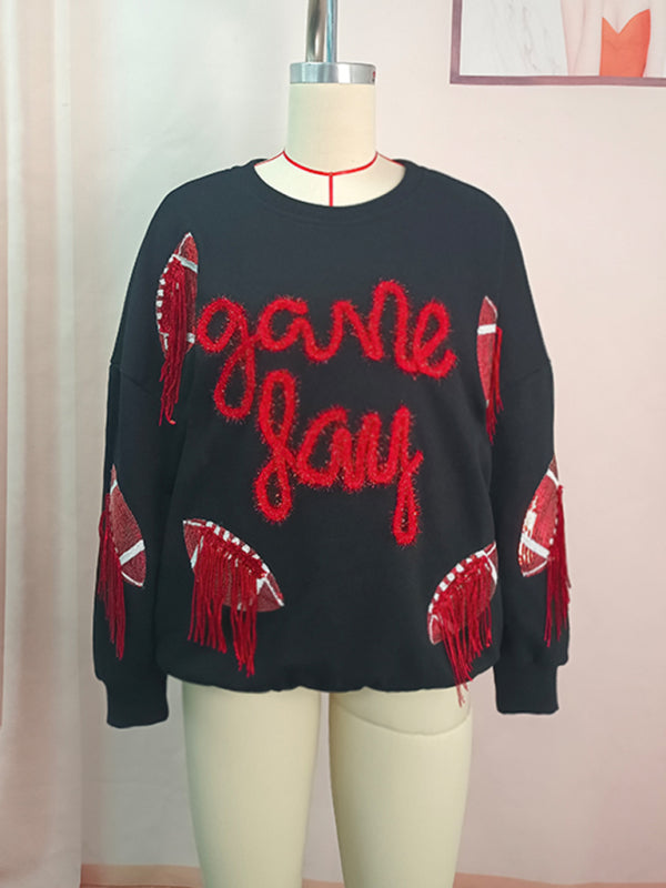 Rugby-Sweatshirt für Damen mit Quasten und Pailletten, Rundhalsausschnitt 