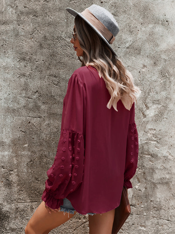 Women's Elegant Lace Stand Collar Puff Sleeve Shirt