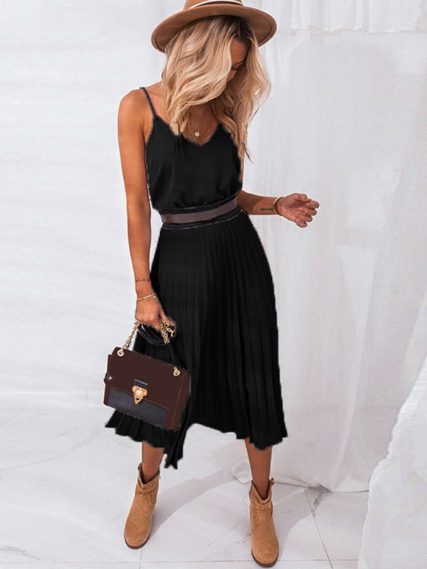Lockeres und sexy plissiertes Midikleid mit V-Ausschnitt für Damen (Gürtel nicht im Lieferumfang enthalten) 