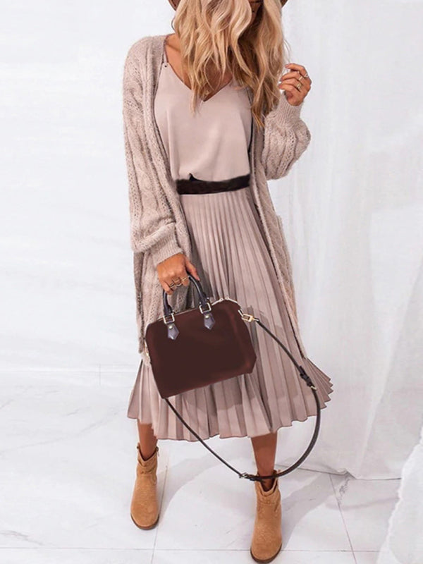 Lockeres und sexy plissiertes Midikleid mit V-Ausschnitt für Damen (Gürtel nicht im Lieferumfang enthalten) 