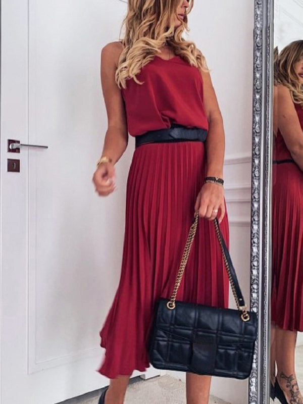 Lockeres und sexy plissiertes Midikleid mit V-Ausschnitt für Damen (Gürtel nicht im Lieferumfang enthalten) 
