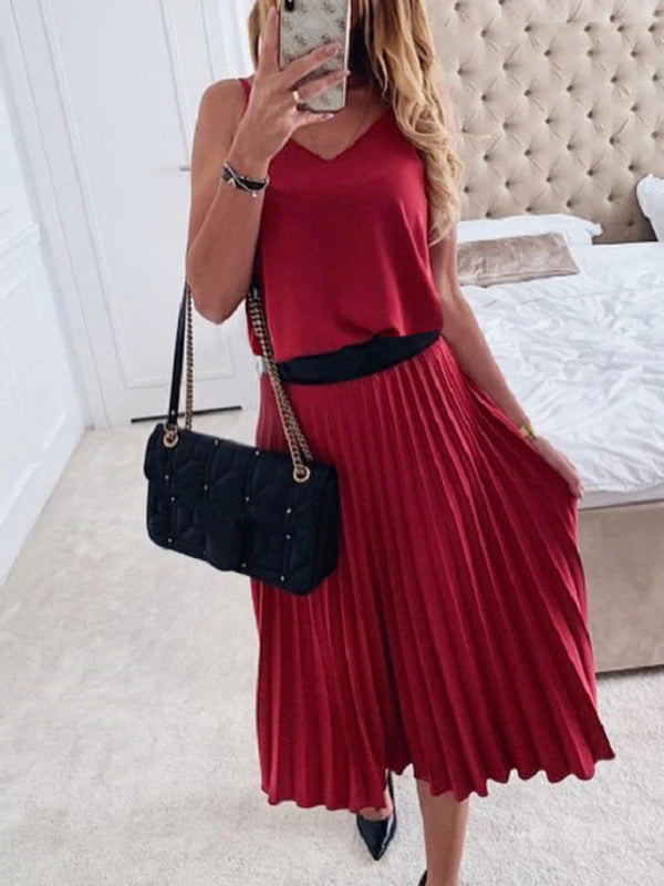 Lockeres und sexy plissiertes Midikleid mit V-Ausschnitt für Damen (Gürtel nicht im Lieferumfang enthalten) 