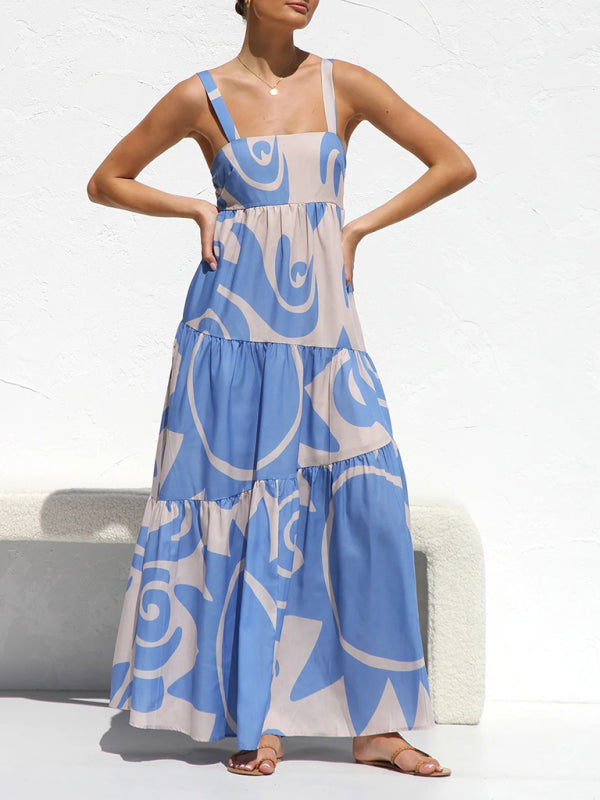 Robe à bretelles imprimée simple pour femme avec jupe ample 