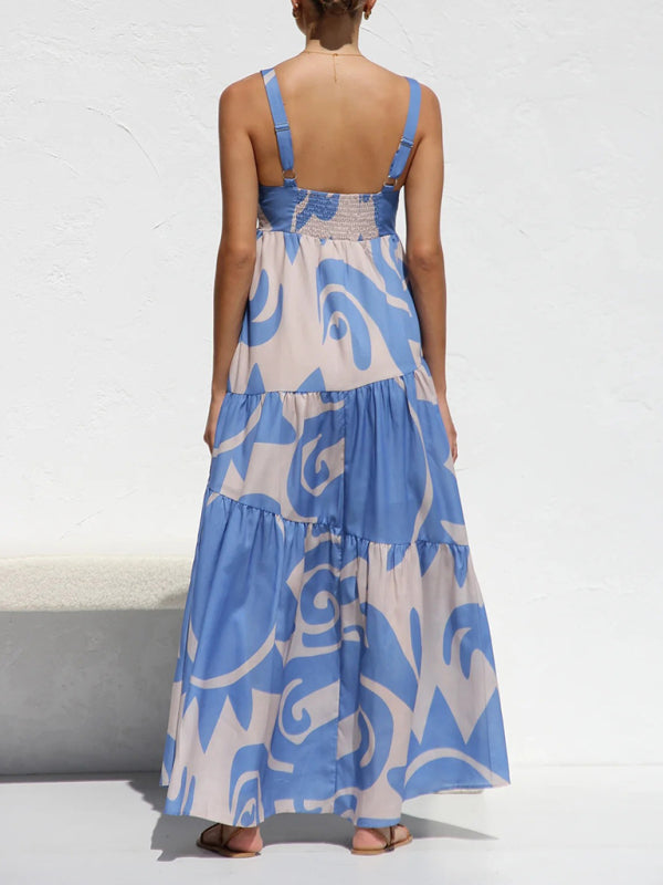 Robe à bretelles imprimée simple pour femme avec jupe ample 