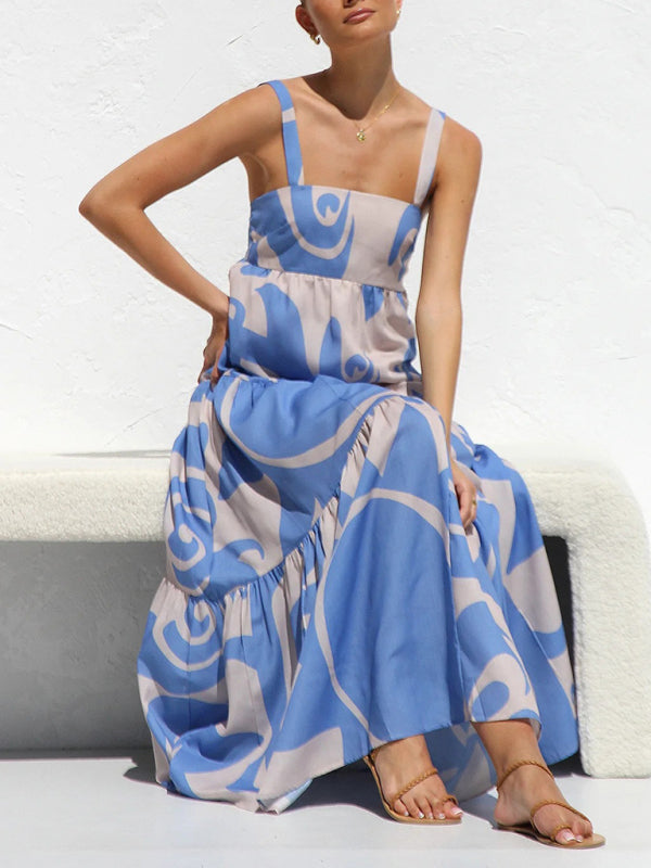 Robe à bretelles imprimée simple pour femme avec jupe ample 
