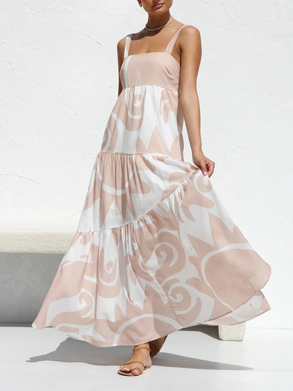 Robe à bretelles imprimée simple pour femme avec jupe ample 