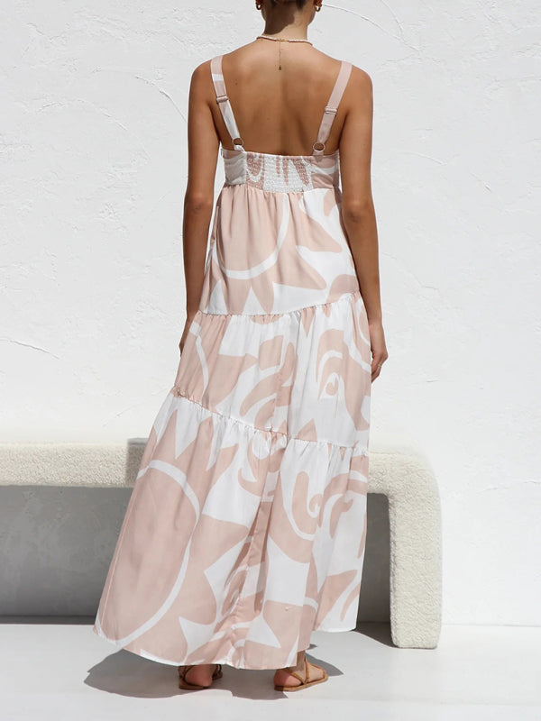 Robe à bretelles imprimée simple pour femme avec jupe ample 