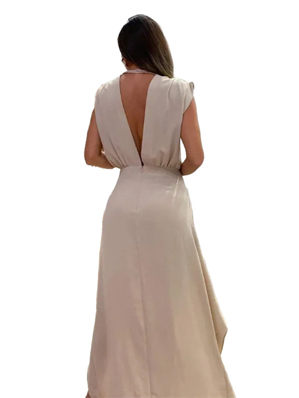 Schlichtes, neues, ärmelloses, doppellagiges Kleid mit tiefem V-Ausschnitt für Damen 