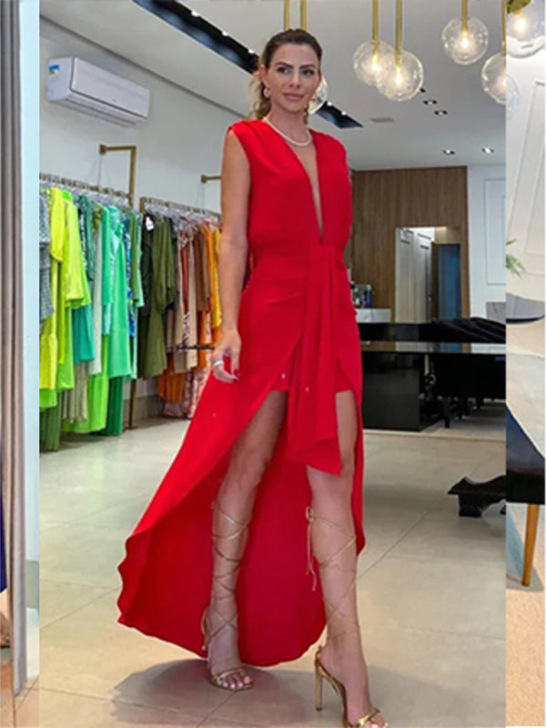 Schlichtes, neues, ärmelloses, doppellagiges Kleid mit tiefem V-Ausschnitt für Damen 