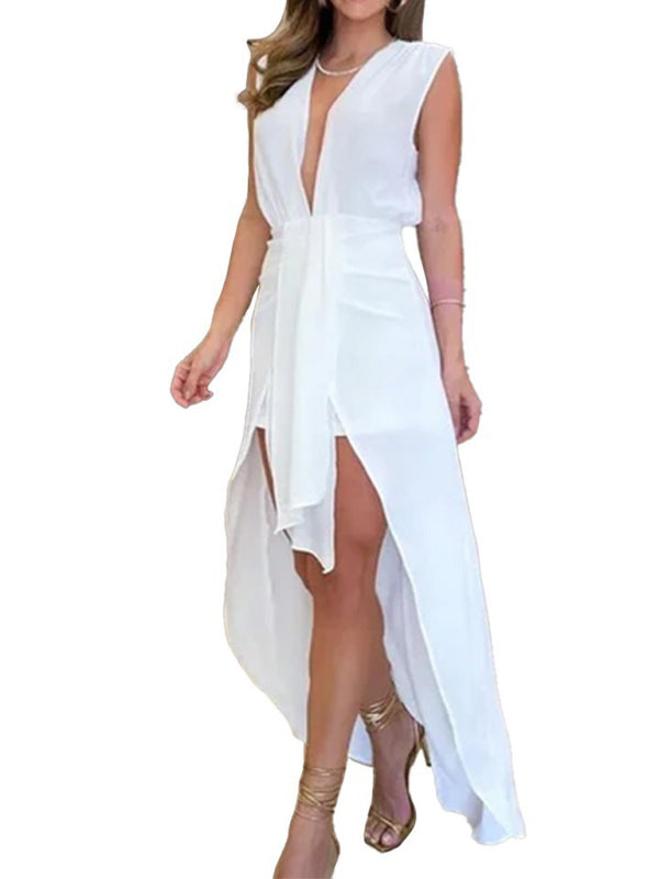 Schlichtes, neues, ärmelloses, doppellagiges Kleid mit tiefem V-Ausschnitt für Damen 