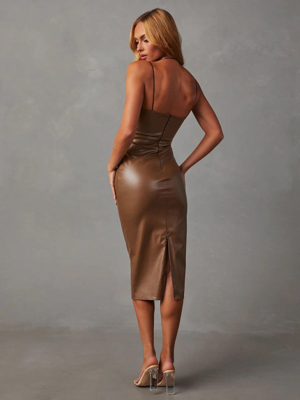 Nouvelle robe sexy sans bretelles en similicuir, fendue sur les hanches et dos nu. 