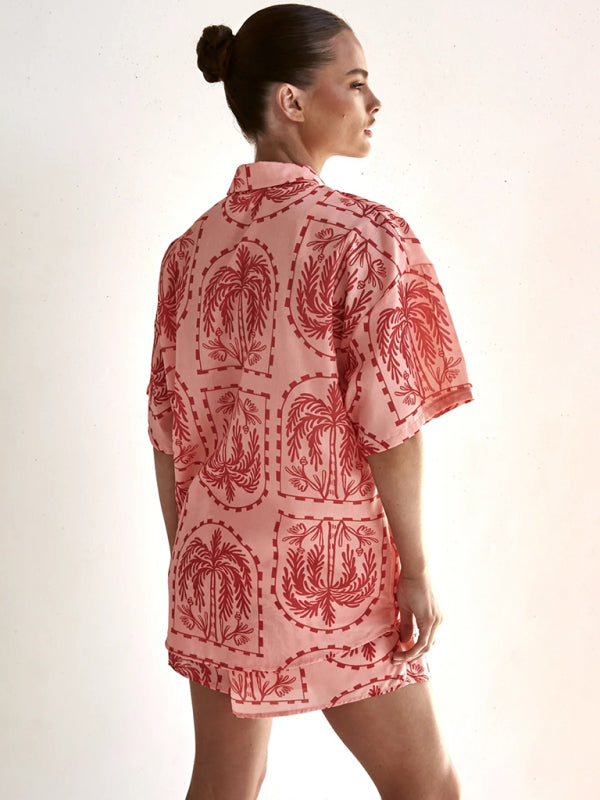 Neuer modischer, bedruckter Kurzarm-Cardigan-Shorts-Anzug im Resort-Stil 
