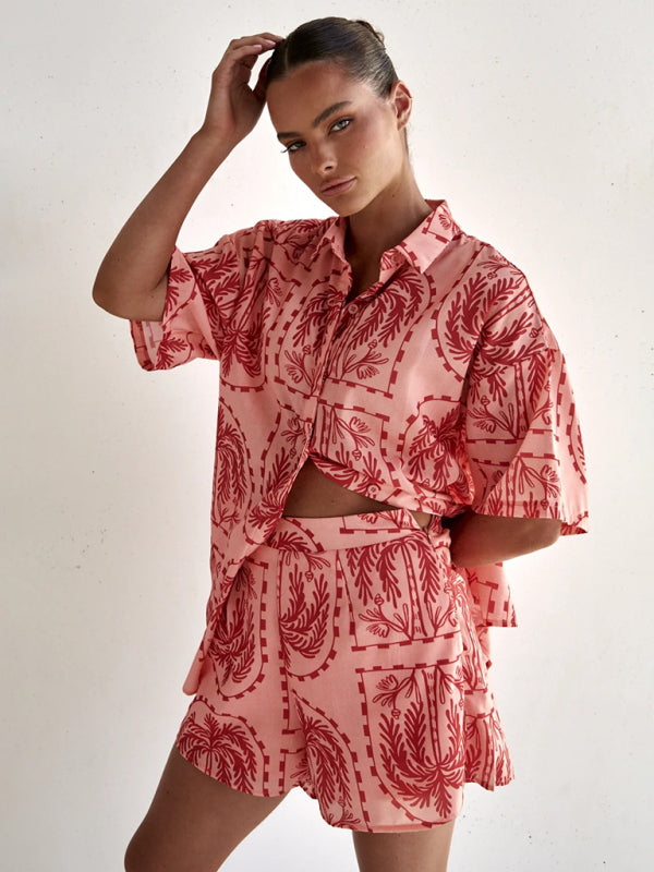 Neuer modischer, bedruckter Kurzarm-Cardigan-Shorts-Anzug im Resort-Stil 