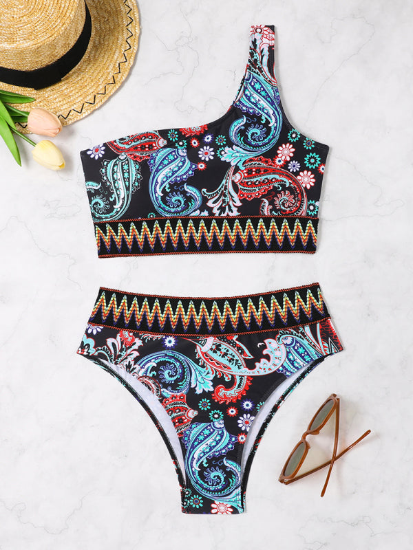 Neuer modischer bedruckter, elastischer Strick-Triangelbikini mit einer Schulter und Schlitz 