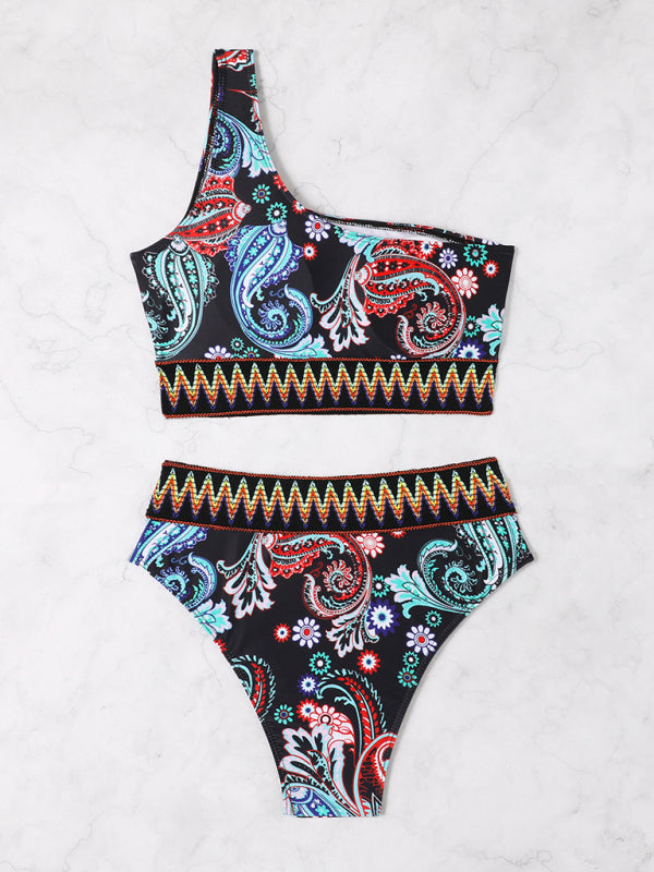 Neuer modischer bedruckter, elastischer Strick-Triangelbikini mit einer Schulter und Schlitz 