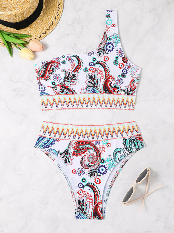 Neuer modischer bedruckter, elastischer Strick-Triangelbikini mit einer Schulter und Schlitz 