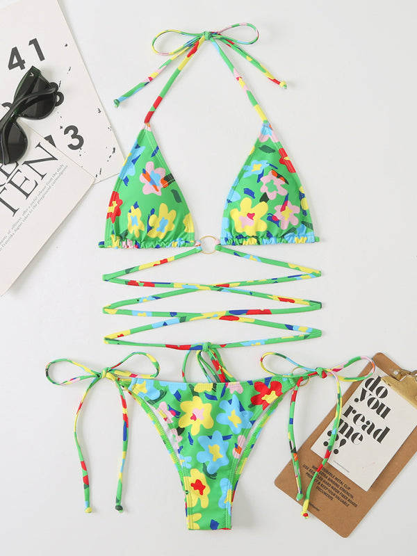 Women's New Bikini Floral Print Beach Strap Swimsuit