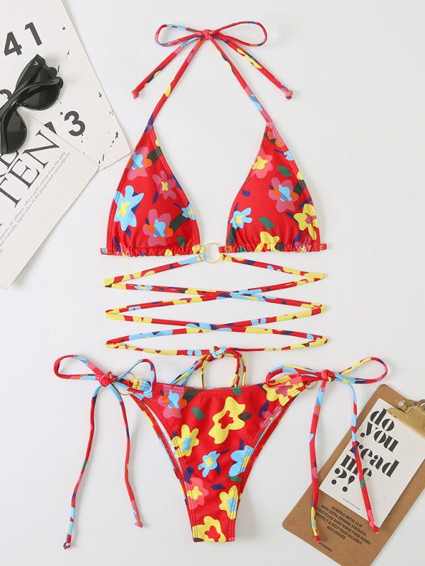 Women's New Bikini Floral Print Beach Strap Swimsuit