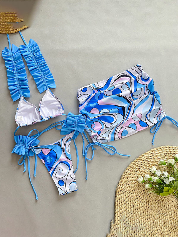 Neuer dreiteiliger Bikini für Damen mit Rüschensaum und Schlitz 