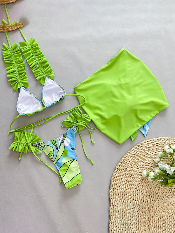 Neuer dreiteiliger Bikini für Damen mit Rüschensaum und Schlitz 