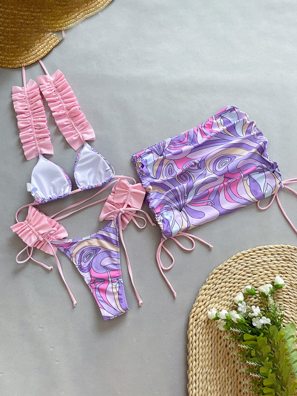 Neuer dreiteiliger Bikini für Damen mit Rüschensaum und Schlitz 