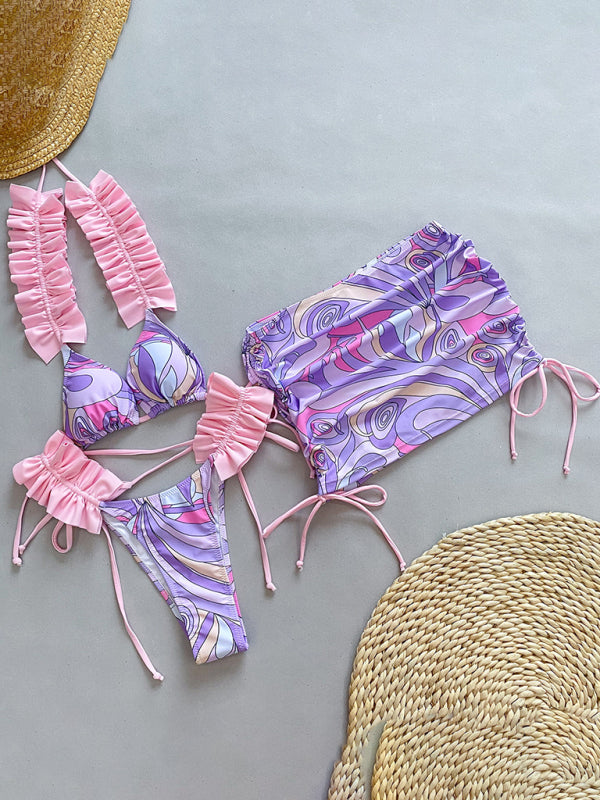 Neuer dreiteiliger Bikini für Damen mit Rüschensaum und Schlitz 