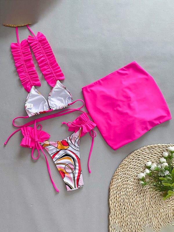 Neuer dreiteiliger Bikini für Damen mit Rüschensaum und Schlitz 