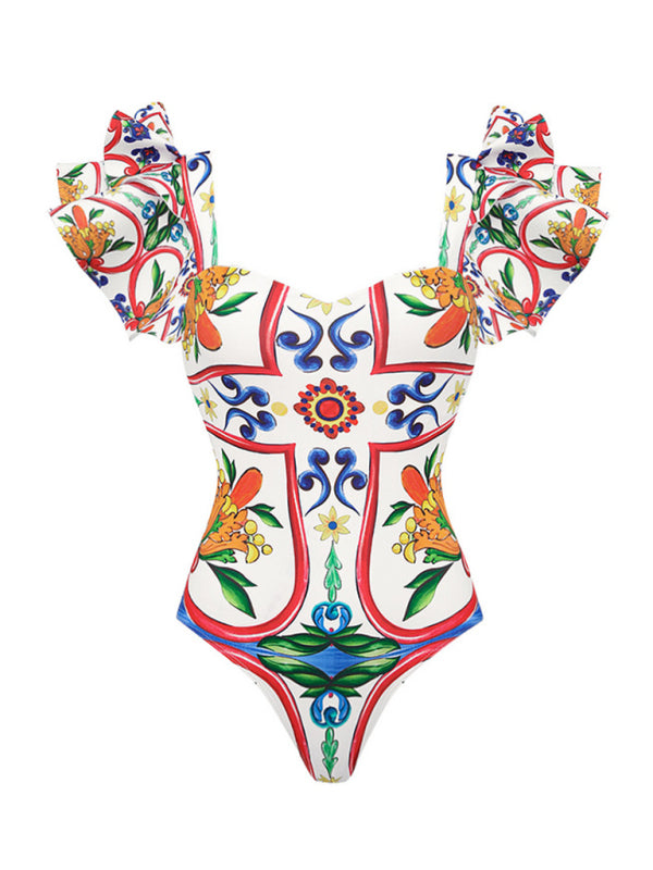 Maillot de bain une pièce pour femme, imprimé émail à volants, idéal pour les vacances à la plage. 