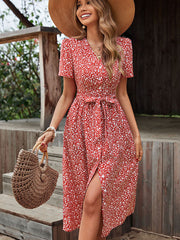 Neues kurzärmeliges Kleid mit V-Ausschnitt, Blumenmuster und Schlitz für Damen 