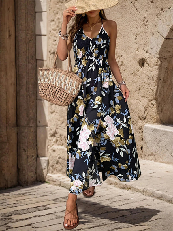 Neues, trägerloses, rückenfreies A-Linien-Kleid mit Blumenmuster und Schlitz 