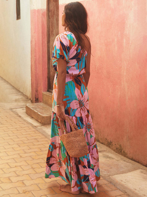 Robe fleurie haut de gamme à épaules dénudées pour femme, style fêtes. 
