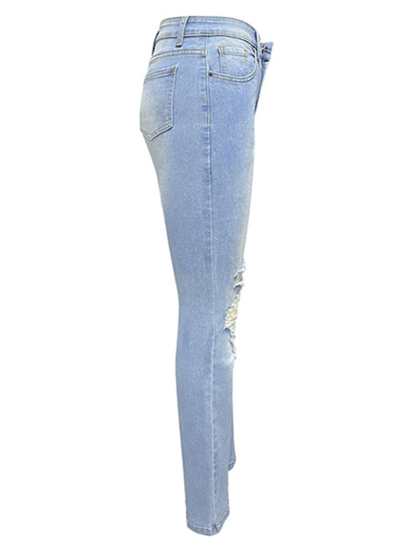 Damen-Jeans mit Waschung, Rissen, hohem Bund und weitem Bein 
