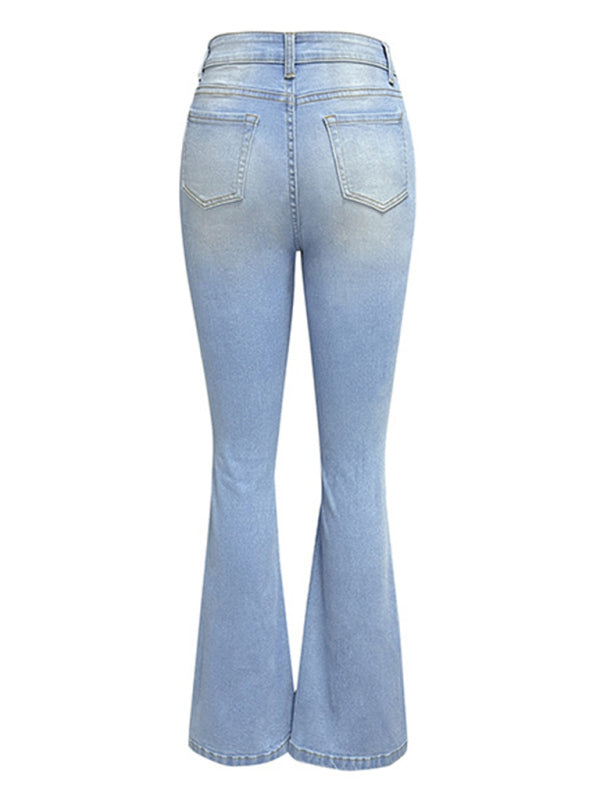 Damen-Jeans mit Waschung, Rissen, hohem Bund und weitem Bein 