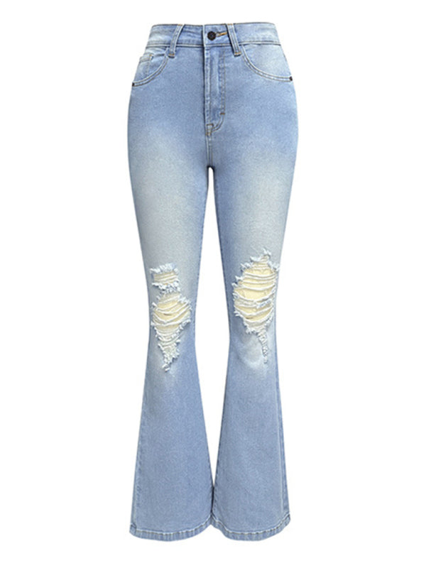 Damen-Jeans mit Waschung, Rissen, hohem Bund und weitem Bein 