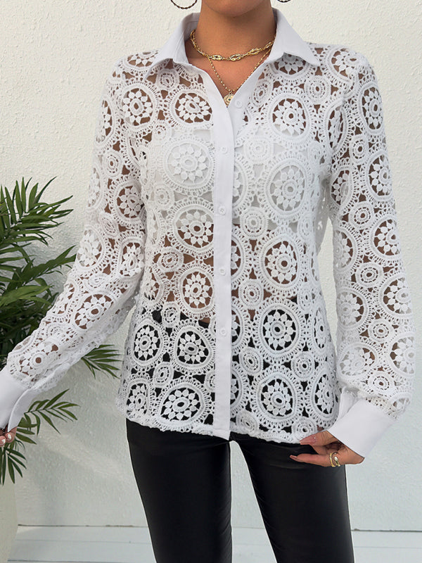 Women's Long Sleeve Lace V Neck Shirt – side view